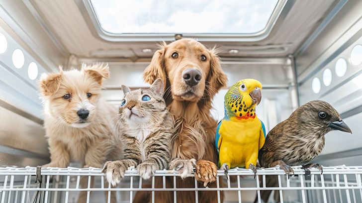 dog, cat birds standing together